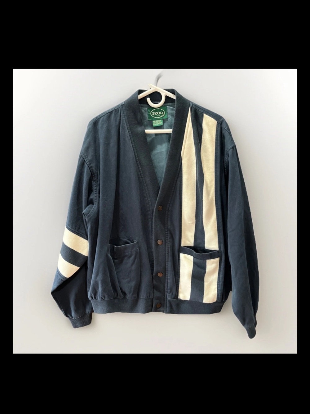 Vintage Izod Mens Cardigan Jacket Sweater Snaps Blue White Stripe Pocket XL